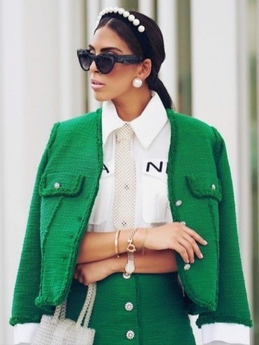Green Bouclé Crop Jacket w/ jewel Buttons